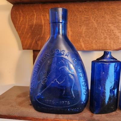 Large Collection of Cobalt Blue Apothecary Bottles Poison, J W Clapham Evening in Paris (1 of 2)