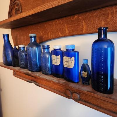 Large Collection of Cobalt Blue Apothecary Bottles Poison, J W Clapham Evening in Paris (1 of 2)