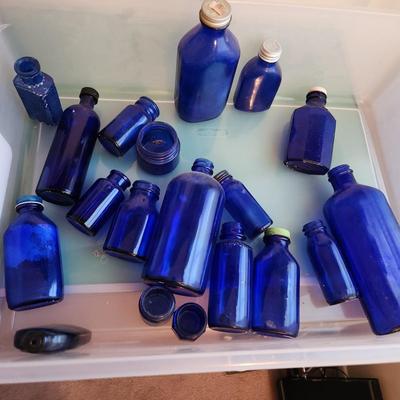 Large Collection of Cobalt Blue Apothecary Bottles Poison, J W Clapham Evening in Paris (1 of 2)