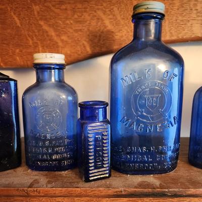 Large Collection of Cobalt Blue Apothecary Bottles Poison, J W Clapham Evening in Paris (1 of 2)