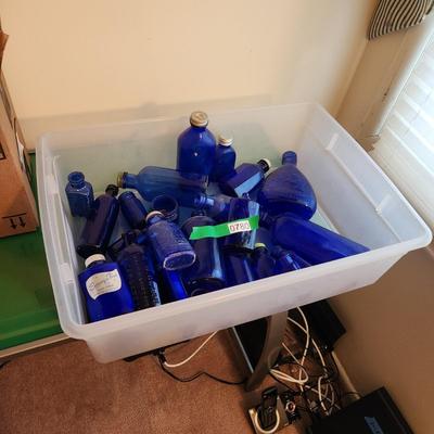 Large Collection of Cobalt Blue Apothecary Bottles Poison, J W Clapham Evening in Paris (1 of 2)
