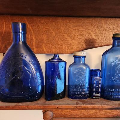 Large Collection of Cobalt Blue Apothecary Bottles Poison, J W Clapham Evening in Paris (1 of 2)
