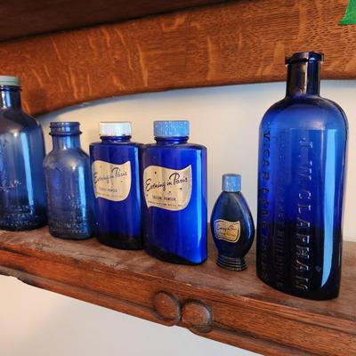 Large Collection of Cobalt Blue Apothecary Bottles Poison, J W Clapham Evening in Paris (1 of 2)