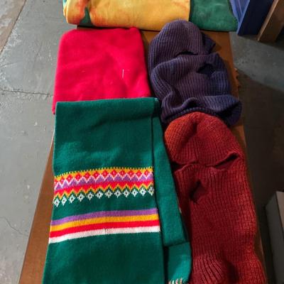 2 scarves, face masks and small floral blanket