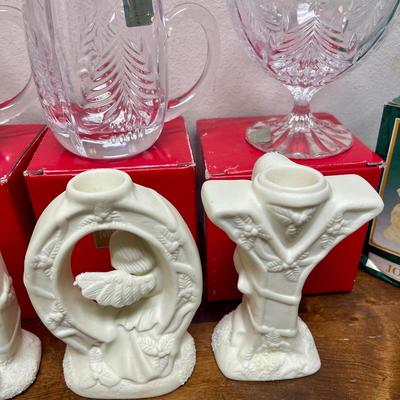 Christmas Decor Lot - Mikasa Crystal Mugs & Ceramic "JOY" candlestick holders