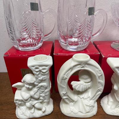 Christmas Decor Lot - Mikasa Crystal Mugs & Ceramic "JOY" candlestick holders