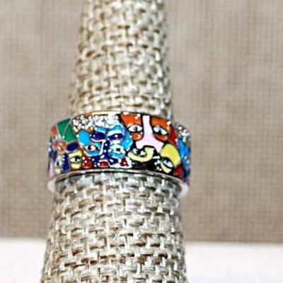 Size 7 Very Colorful ½ Infinity Enamel Style Ring on a Silver Tone Band (6.5g)