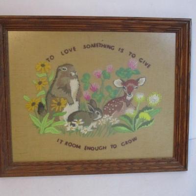 Approx 20 1/4" x 16 1/4" Vintage 1970's Completed "To Love Something" Crewel Embroidery