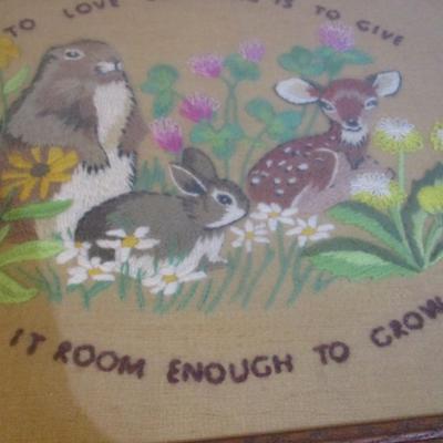 Approx 20 1/4" x 16 1/4" Vintage 1970's Completed "To Love Something" Crewel Embroidery