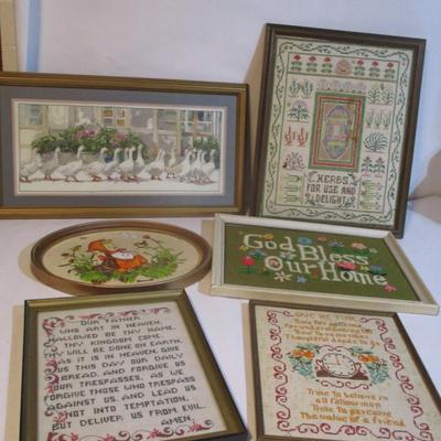 Vintage Oval Framed Crewel Embroidery Hummel Cross Stitched Framed Herbs & Dinner Call
