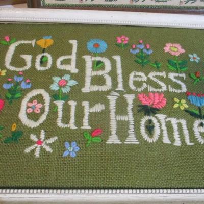 Vintage Oval Framed Crewel Embroidery Hummel Cross Stitched Framed Herbs & Dinner Call