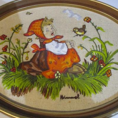Vintage Oval Framed Crewel Embroidery Hummel Cross Stitched Framed Herbs & Dinner Call
