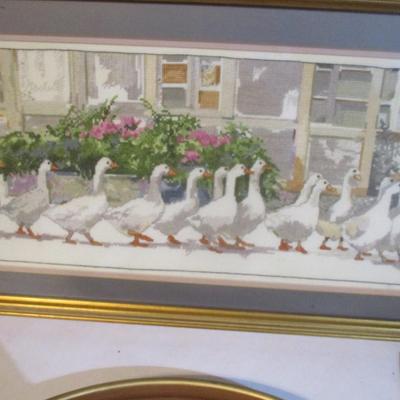 Vintage Oval Framed Crewel Embroidery Hummel Cross Stitched Framed Herbs & Dinner Call