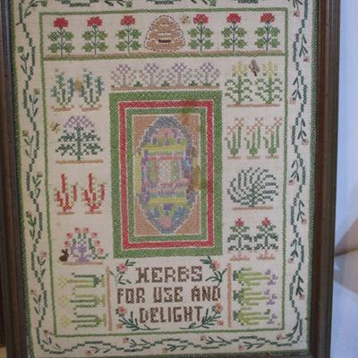Vintage Oval Framed Crewel Embroidery Hummel Cross Stitched Framed Herbs & Dinner Call