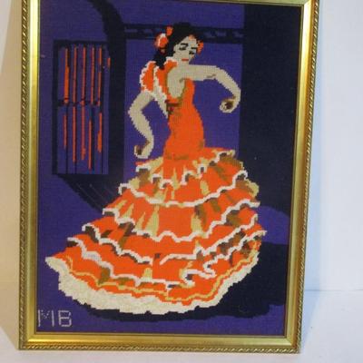 Approx 16 1/2" x 21 1/4" Framed Flamenco Dancer Cross Stitch Decor
