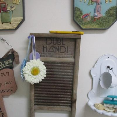 Laundry Washroom Decor Dubl Handi Washboard Raised Stone Resin Wall Tiles Enamel Hanging Soap Dish & Cup