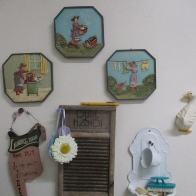Laundry Washroom Decor Dubl Handi Washboard Raised Stone Resin Wall Tiles Enamel Hanging Soap Dish & Cup