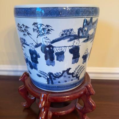 374 Blue and White Chinese Flower Pot on Stand