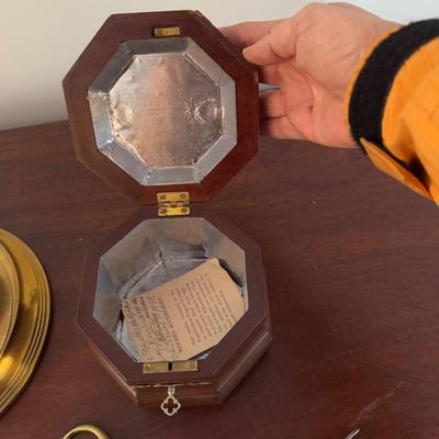 375 Williamsburg Wooden Box and 3 Candlestick Hurricane Glove on Brass