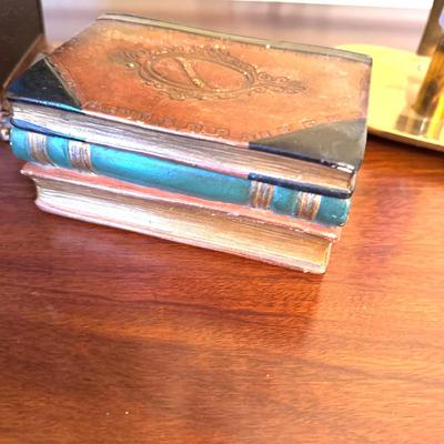 379 Artificial Floral Arrangement, Wooden Book Box, Brass Candlestick
