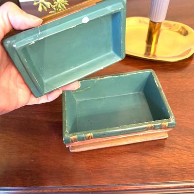 379 Artificial Floral Arrangement, Wooden Book Box, Brass Candlestick