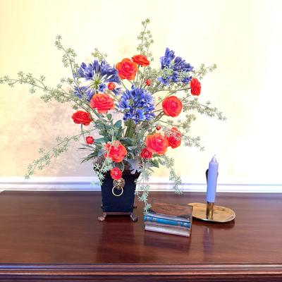 379 Artificial Floral Arrangement, Wooden Book Box, Brass Candlestick