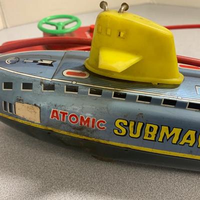 THREE Vintage Battery Operated Toys Atomic Sub Fire Chief Ding Dong Express