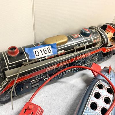 THREE Vintage Battery Operated Toys Atomic Sub Fire Chief Ding Dong Express