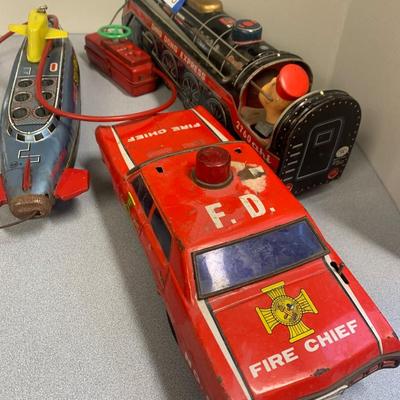 THREE Vintage Battery Operated Toys Atomic Sub Fire Chief Ding Dong Express