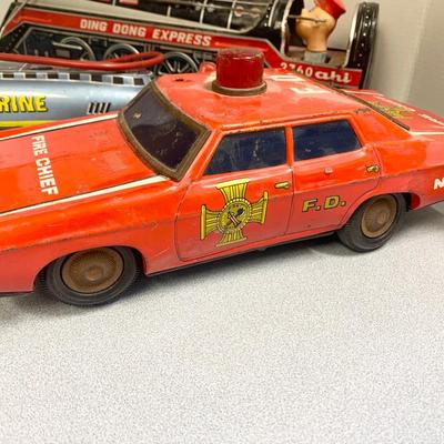 THREE Vintage Battery Operated Toys Atomic Sub Fire Chief Ding Dong Express