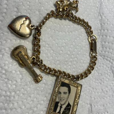 Vintage Scarce 1956 Elvis Presley Charm Bracelet Photo Frame, Guitar, Heart & Hound Dog 7" Long Preowned from an Estate. FREE...