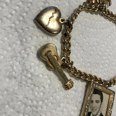 Vintage Scarce 1956 Elvis Presley Charm Bracelet Photo Frame, Guitar, Heart & Hound Dog 7" Long Preowned from an Estate. FREE...