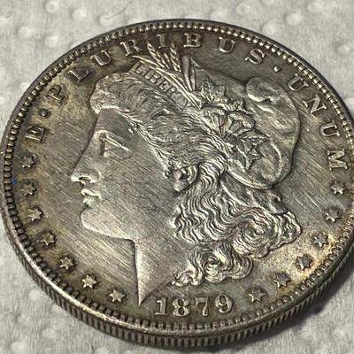 1879-S AU CONDITION/BRUSHED MORGAN SILVER DOLLAR AS PICTURED. FREE DOMESTIC SHIPPING.