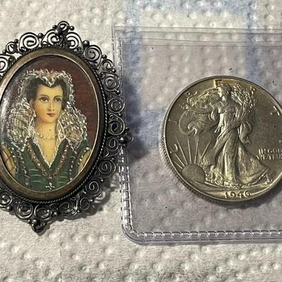Antique .800 Silver Filigree Hand Painted Pin or Pendant from the 1800's in VG Preowned Condition as Pictured. FREE DOMESTIC SHIPPING.