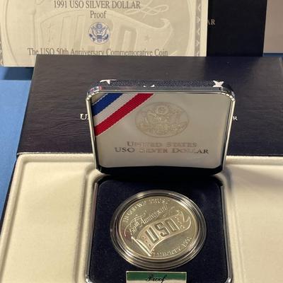 1991-S USO Commemorative Proof Silver Dollar Mint Box and COA as Pictured. FREE DOMESTIC SHIPPING.