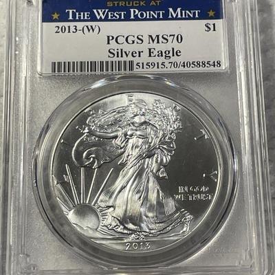 PCGS CERTIFIED 2013-(W) MS70 SILVER EAGLE DOLLAR STRUCK AT WEST POINT AS PICTURED. FREE DOMESTIC SHIPPING.
