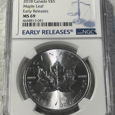 NGC CERTIFIED CANADA 2018 MS69 EARLY RELEASE $5 SILVER MAPLE LEAF AS PICTURED. FREE DOMESTIC SHIPPING.