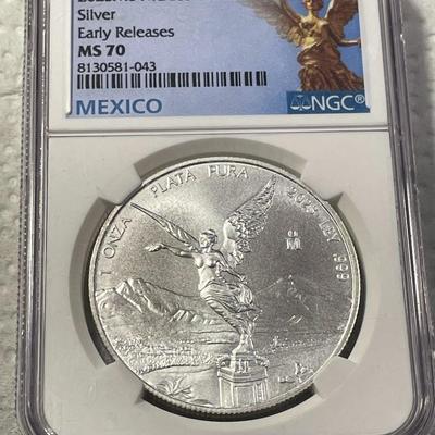 NGC CERTIFIED MEXICO 2023-MO MS70 EARLY RELEASE ONZA SILVER ROUND (#043) AS PICTURED. FREE DOMESTIC SHIPPING.