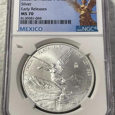 NGC CERTIFIED MEXICO 2023-MO MS70 EARLY RELEASE ONZA SILVER ROUND (#044) AS PICTURED. FREE DOMESTIC SHIPPING.