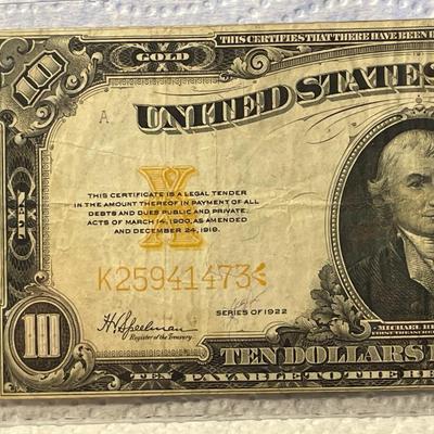 Series of 1922 $10 Large Size Gold Certificate in Nice Circulated Condition as Pictured. FREE DOMESTIC SHIPPING.