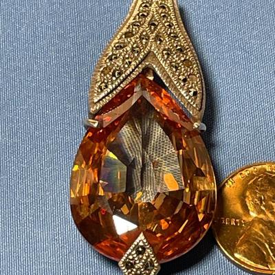 Vintage Huge Pear-Shaped Citrine Gemstone .925 Sterling Silver Marcasite Pendant in Good Preowned Condition. FREE DOMESTIC SHIPPING.