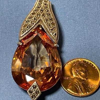 Vintage Huge Pear-Shaped Citrine Gemstone .925 Sterling Silver Marcasite Pendant in Good Preowned Condition. FREE DOMESTIC SHIPPING.