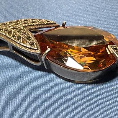 Vintage Huge Pear-Shaped Citrine Gemstone .925 Sterling Silver Marcasite Pendant in Good Preowned Condition. FREE DOMESTIC SHIPPING.