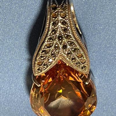 Vintage Huge Pear-Shaped Citrine Gemstone .925 Sterling Silver Marcasite Pendant in Good Preowned Condition. FREE DOMESTIC SHIPPING.