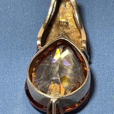 Vintage Huge Pear-Shaped Citrine Gemstone .925 Sterling Silver Marcasite Pendant in Good Preowned Condition. FREE DOMESTIC SHIPPING.