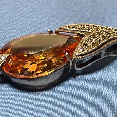 Vintage Huge Pear-Shaped Citrine Gemstone .925 Sterling Silver Marcasite Pendant in Good Preowned Condition. FREE DOMESTIC SHIPPING.