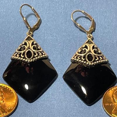 Vintage Fancy .925 Sterling Silver Onyx Dangling Earrings in VG Preowned Condition as Pic'd. FREE DOMESTIC SHIPPING.