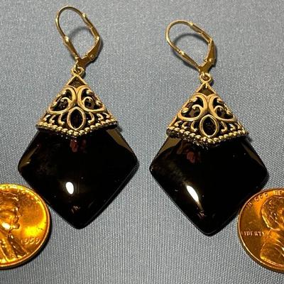Vintage Fancy .925 Sterling Silver Onyx Dangling Earrings in VG Preowned Condition as Pic'd. FREE DOMESTIC SHIPPING.