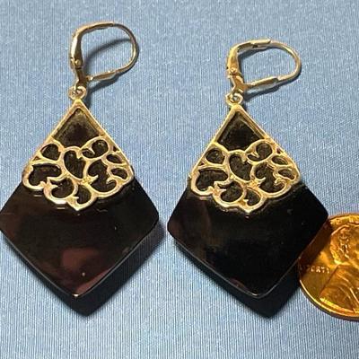 Vintage Fancy .925 Sterling Silver Onyx Dangling Earrings in VG Preowned Condition as Pic'd. FREE DOMESTIC SHIPPING.