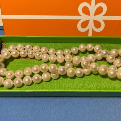 Vintage New Never Used 34" Cultured Freshwater Pearl Bead Necklace 9/10mm with 14k Gold Clasp Superb White Quality as Pictured. FREE...